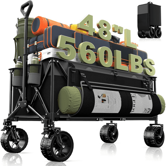 300L Extra Large Wagons Carts Foldable, 560LBS Heavy Duty Collapsible Beach Wagon 48" Long with Big All-Terrain Wheels, Utility Folding Cart for Camping, Grocery, Sports, Garden, Grey & Black