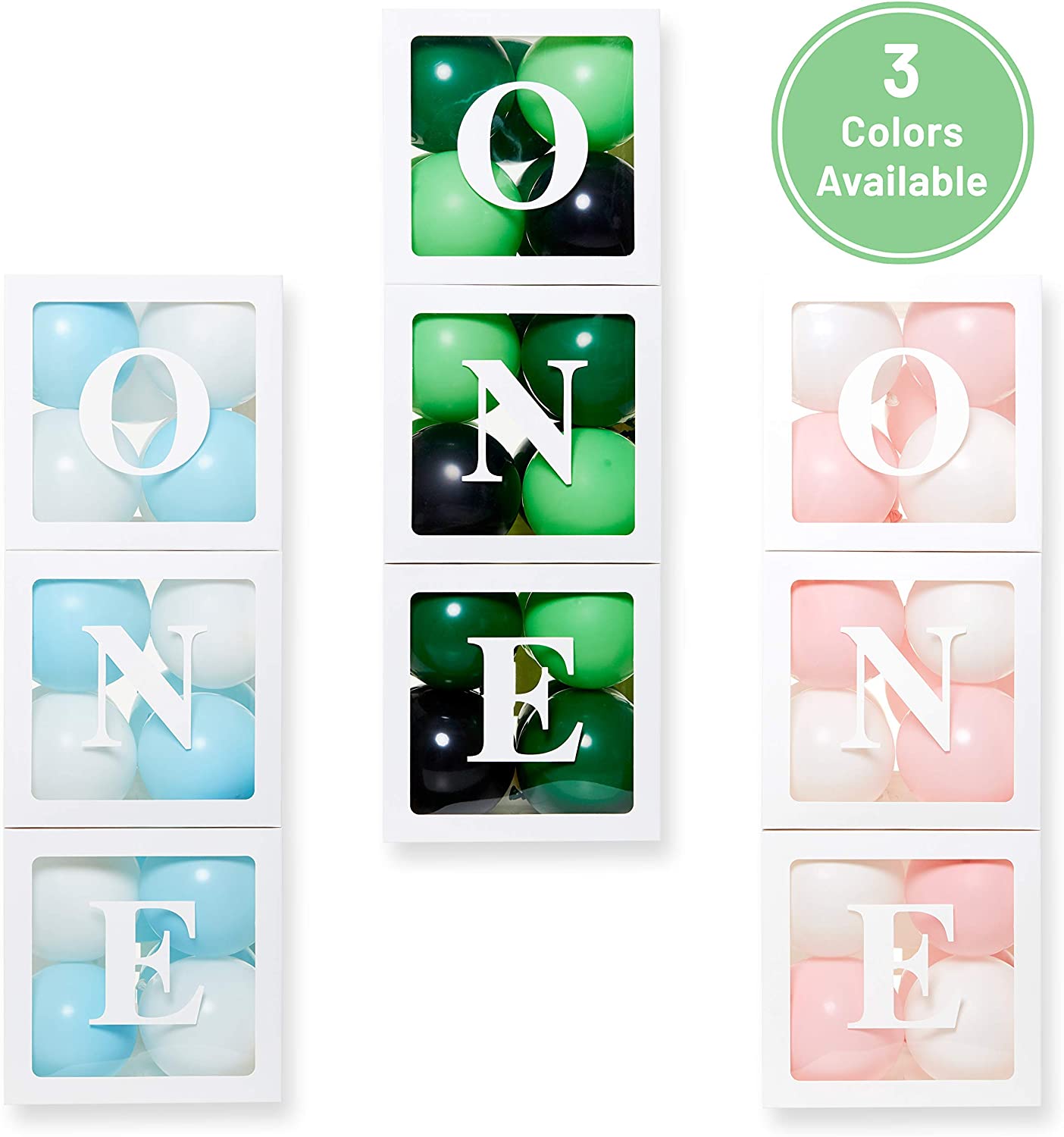 1st Birthday Balloon 'ONE' Boxes for 1 Year Old WITH 24 Balloons - Baby  first Birthday Decorations Clear Cube Blocks 'ONE' Letters as Cake Smash  Photoshoot Props in Safari/Jungle Wild One Green