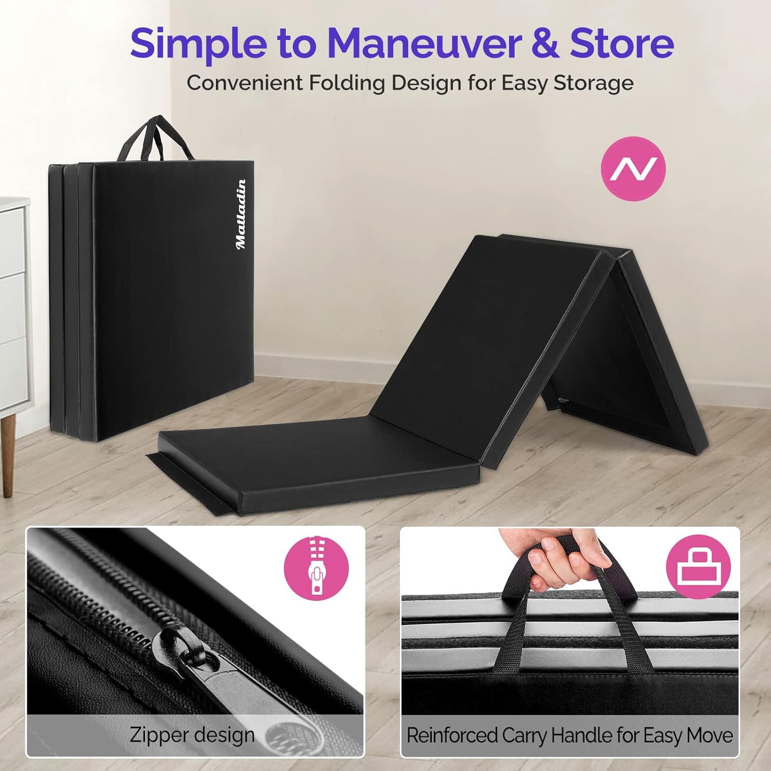 Matladin 6' Folding Tri-fold Gymnastics Gym Exercise Aerobics Mat, 6ft x 2ft x 2in PU Leather Tumbling Mats with Hook & Loop Fastener for Stretching Yoga Cheerleading Martial Arts