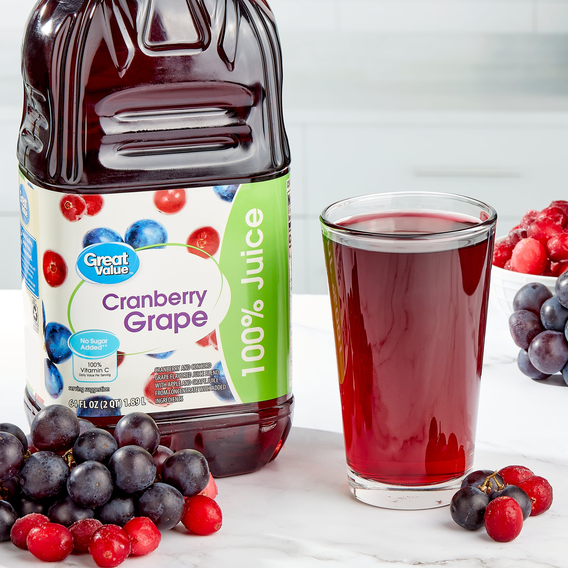 (4 pack) Great Value Cranberry Grape 100% Juice, 64 fl oz