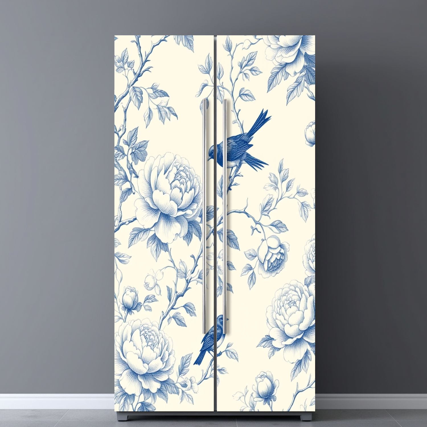 Self Adhesive Vinyl Refrigerator Wrap Set Blue Birds Blossoms Vintage Floral Door Mural Removable Fridge Sticker Peel and Stick&nbsp;Full Door Cover Decal Kitchen Bar Decor