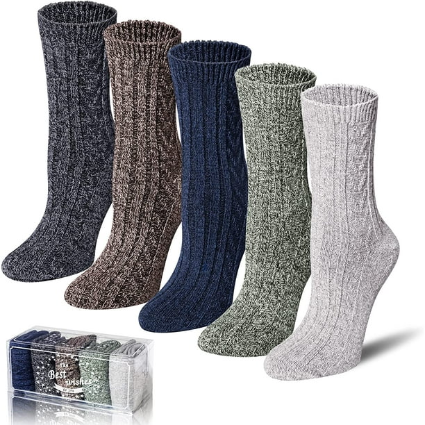QWZNDZGR 5 Pairs Merino Wool Socks Winter Warm Thick Knit Casual Crew