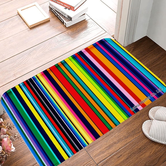 FJPT Non Slip Flannel Polyester Floor Mat Colorful Stripes Design For Bathroom Kitchen Bedroom Decor 16x24 inch