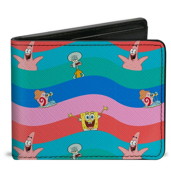 Nickelodeon Wallet, Bifold, SpongeBob SquarePants and Friends Poses Wavy Stripe Blues Red, Vegan Leather