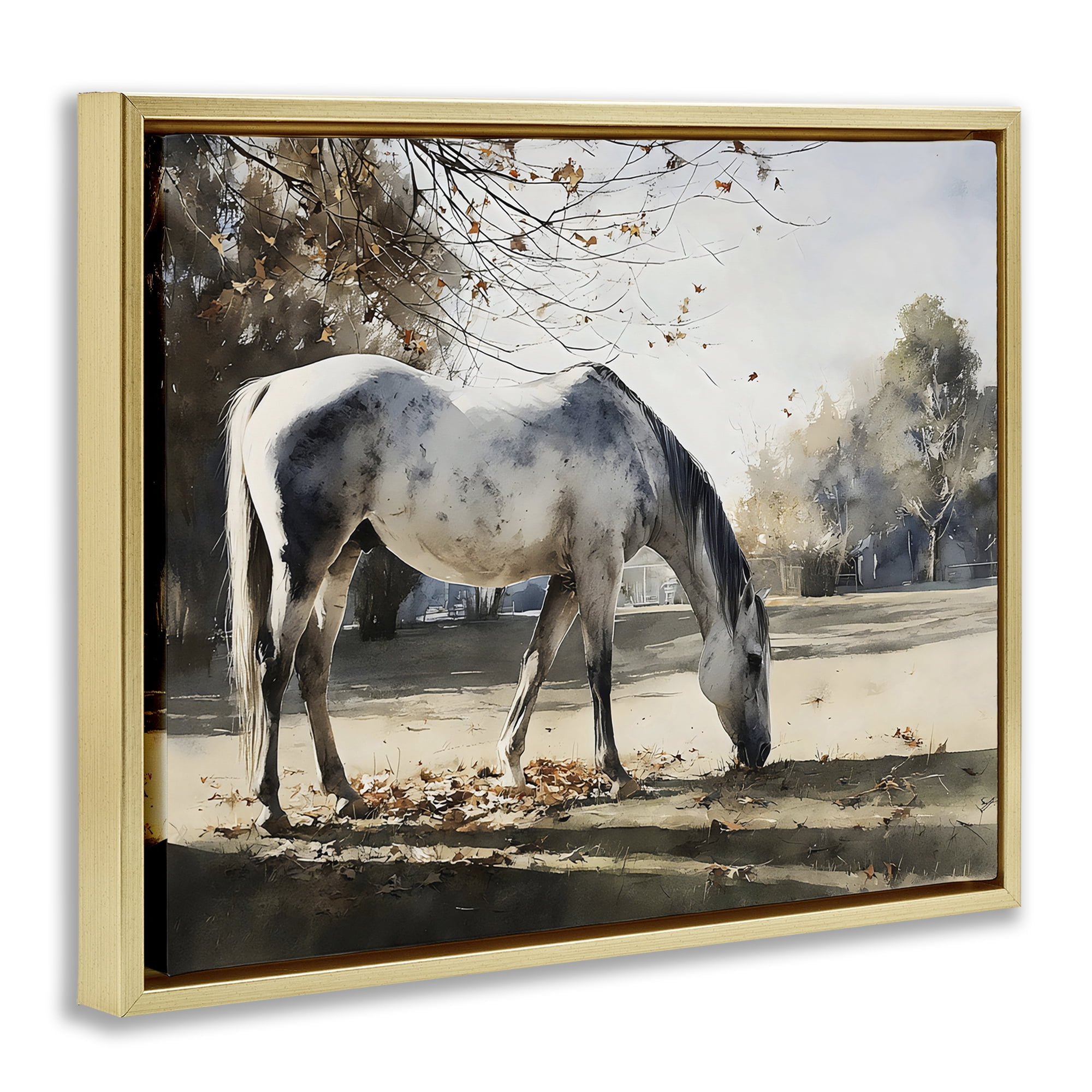 Stupell Industries Grey & White Mare Grazing Gold Framed Floater Canvas Wall Art, design by Franklyn Gregory
