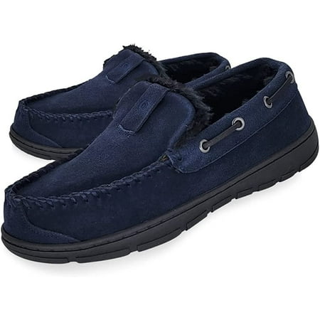 

Clarks Mens Suede Venetian Moccasin Slipper LB0534 - Warm Plush Faux Fur Lining - Indoor Outdoor House Slippers For Men 14 M US Navy