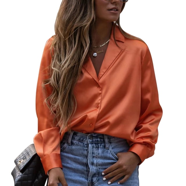 Camisas con cuello de solapa para mujer Blusa de un solo pecho de color puro Camisas con dobladillo irregular de manga larga Naranja S