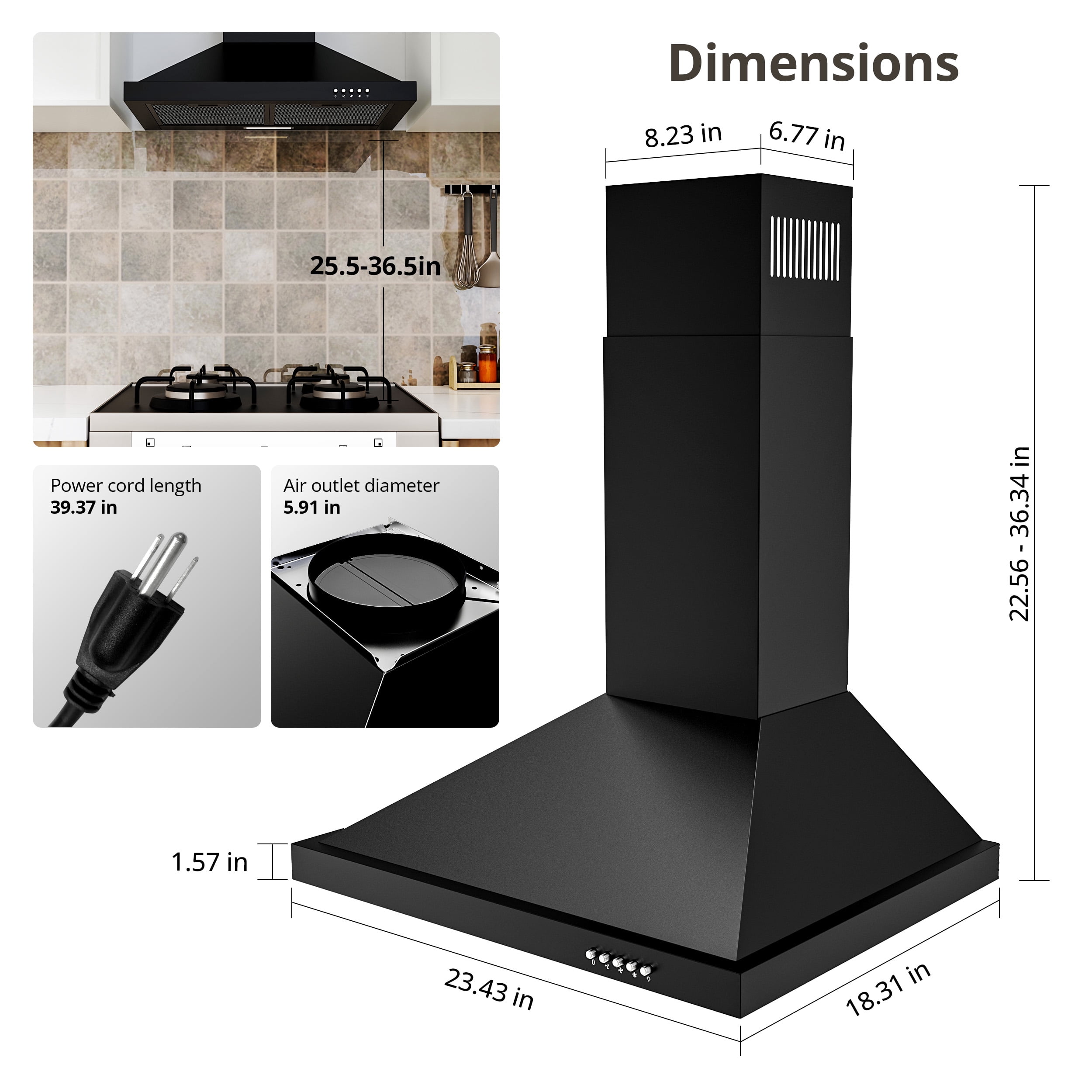FIREGAS 24-Inch Black Wall Mounted Range Hood, 450m³/h Suction Power, Stylish Design with Two Smoke Evacuation Modes, 3-Speed Push Button Control,Convertible Ducted/Ductless