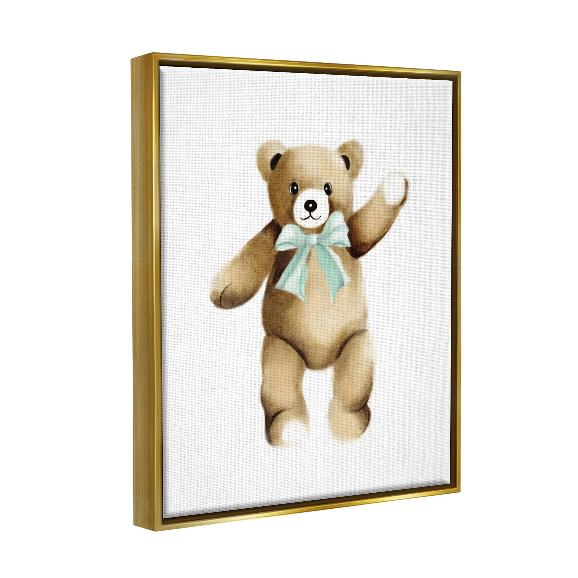 Stupell Industries Adorable Teddy Bear Nursery Animal Green Ribbon Graphic Art Metallic Gold Floating Framed Canvas Print Wall Art, Design by Studio Q
