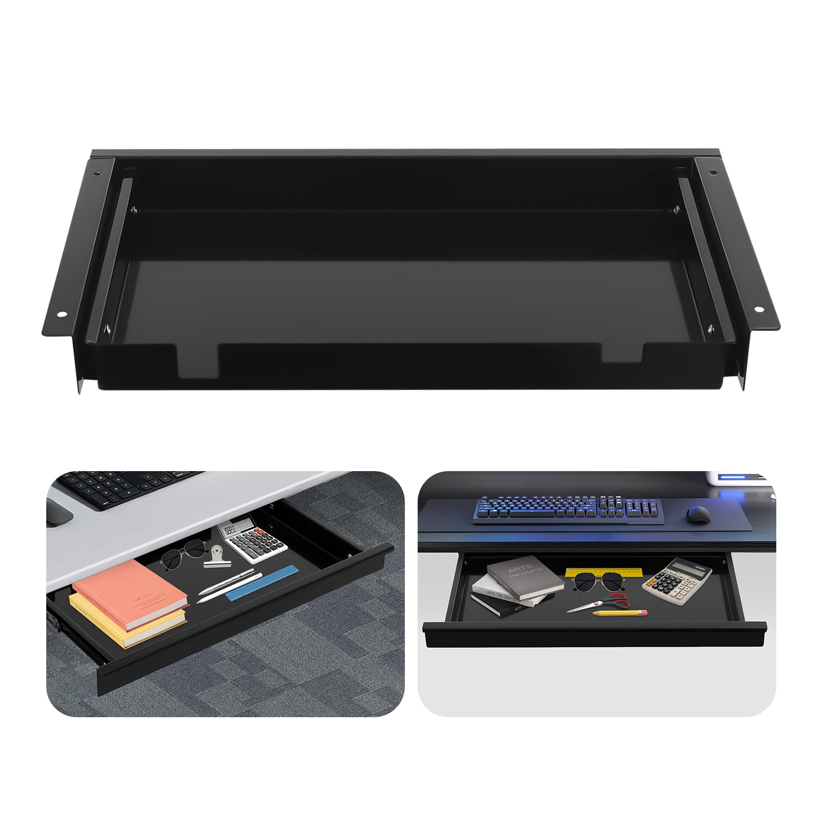 Home Under Desk Storage Drawer - Office Pull-out Hidden Drawer Hanging Drawers for Desk - Standing Desk Drawer Attachment - Under Desk Mounted Sliding Metal Hanging Drawers Organizer