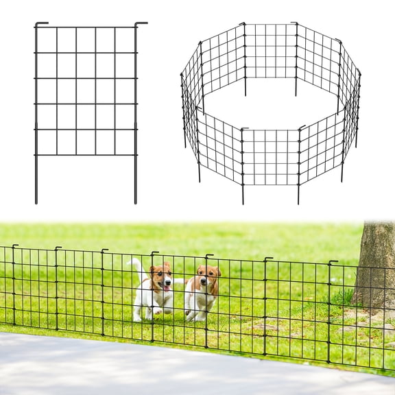 23.5" Decorative Garden Fence 10‑Pack, Black Metal Animal Barrier with Connecting Stakes for Dogs, No‑Dig Yard Fencing for Patio, Lawn, Flower Beds (10.08ft Total Length)