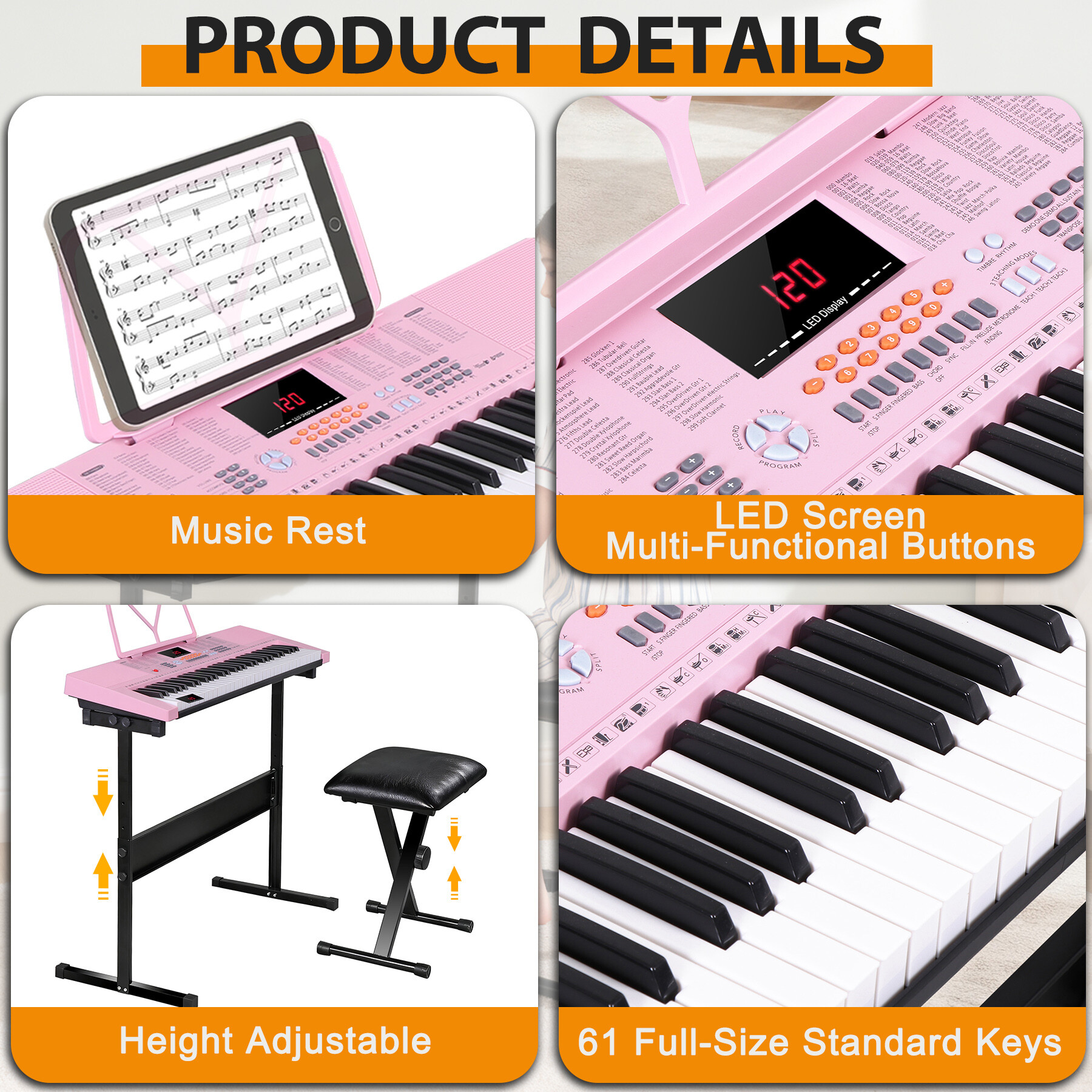 ZENY 61-Key Portable Electronic Piano LED Display Keyboard Kit W/ Music Stand, Headphones, Microphone, Pink