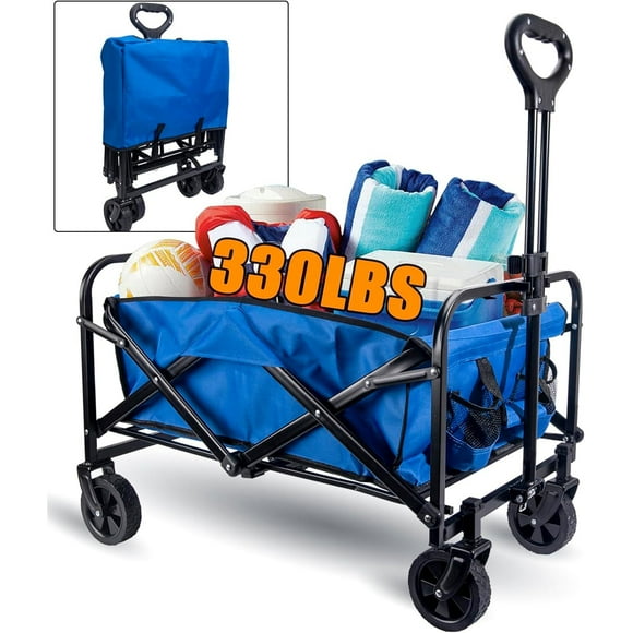 330lbs Collapsible Folding Wagon Cart Heavy Duty Outdoor Utility Wagon Beach Wagon Grocery Wagon Camping Portable Garden Wagon Cart with All-Terrain Wheels(Blue)