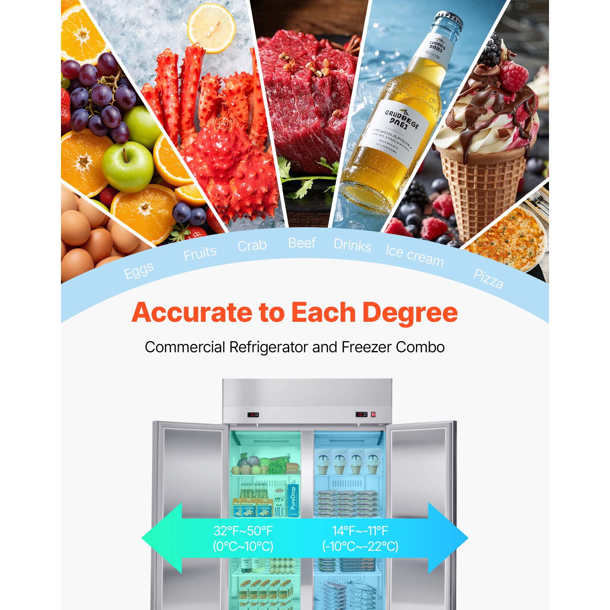 KFFKFF Commercial Refrigerator and Freezer Combo, Upright Unit, Stainless Steel