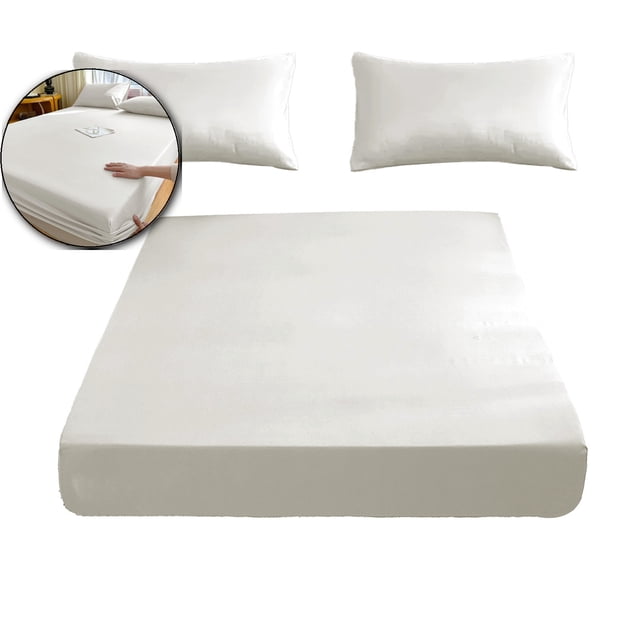 Silk Fitted Sheet Set 3 Pcs, Silk Bed Sheet Set with 16" Deep Pockets, Soft & Cooling Sheets, 1 Fitted Sheet, 2 Pillowcases with Zipper Closure