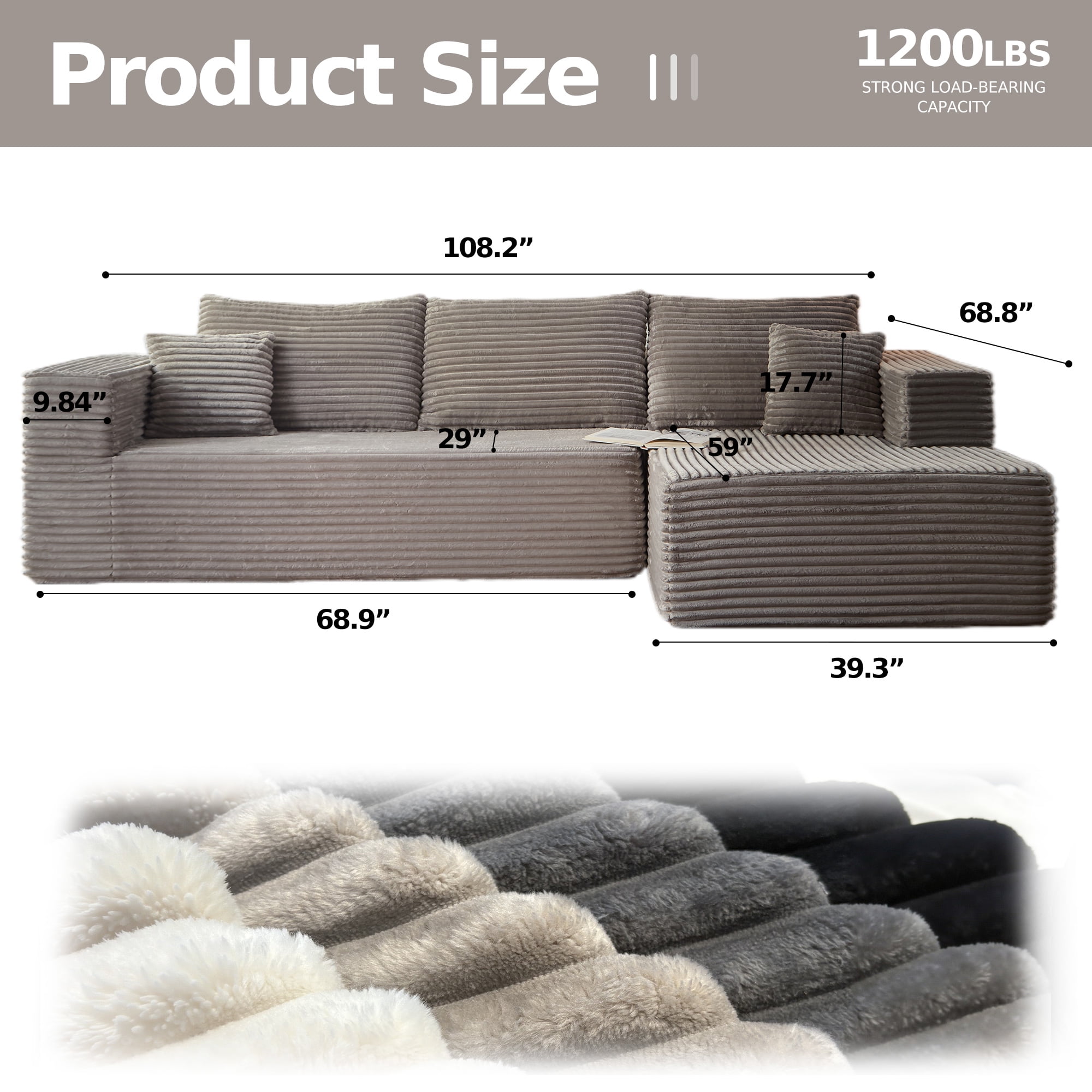 Cubente 108" Modular Sectional Sofa, Cloud Couch with 3 Deep Seat, Indoor Modern L-Shape Sofa Couch, Boneless Couch Compressed Sofa for Living Room Bedroom