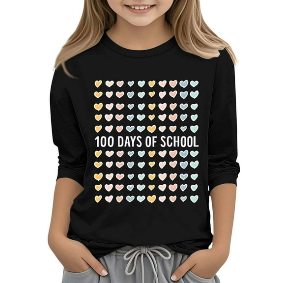 Frwgonr Boys Girls School Shirts Black 3/4 Sleeve 100th Day of School T-Shirt Celebration Gifts Top 3-12