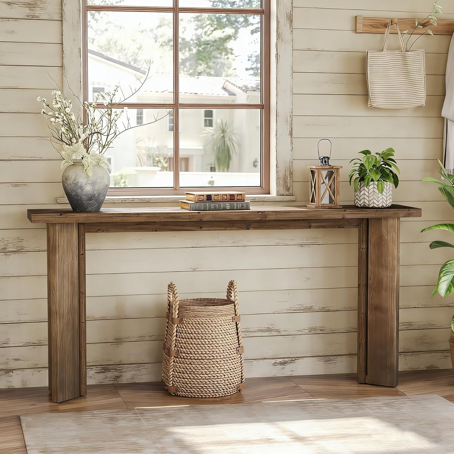 Finmind 70.9" Solid Wood Console Table, Extra Long Farmhouse Sofa Table for Entryway, Rustic Brown