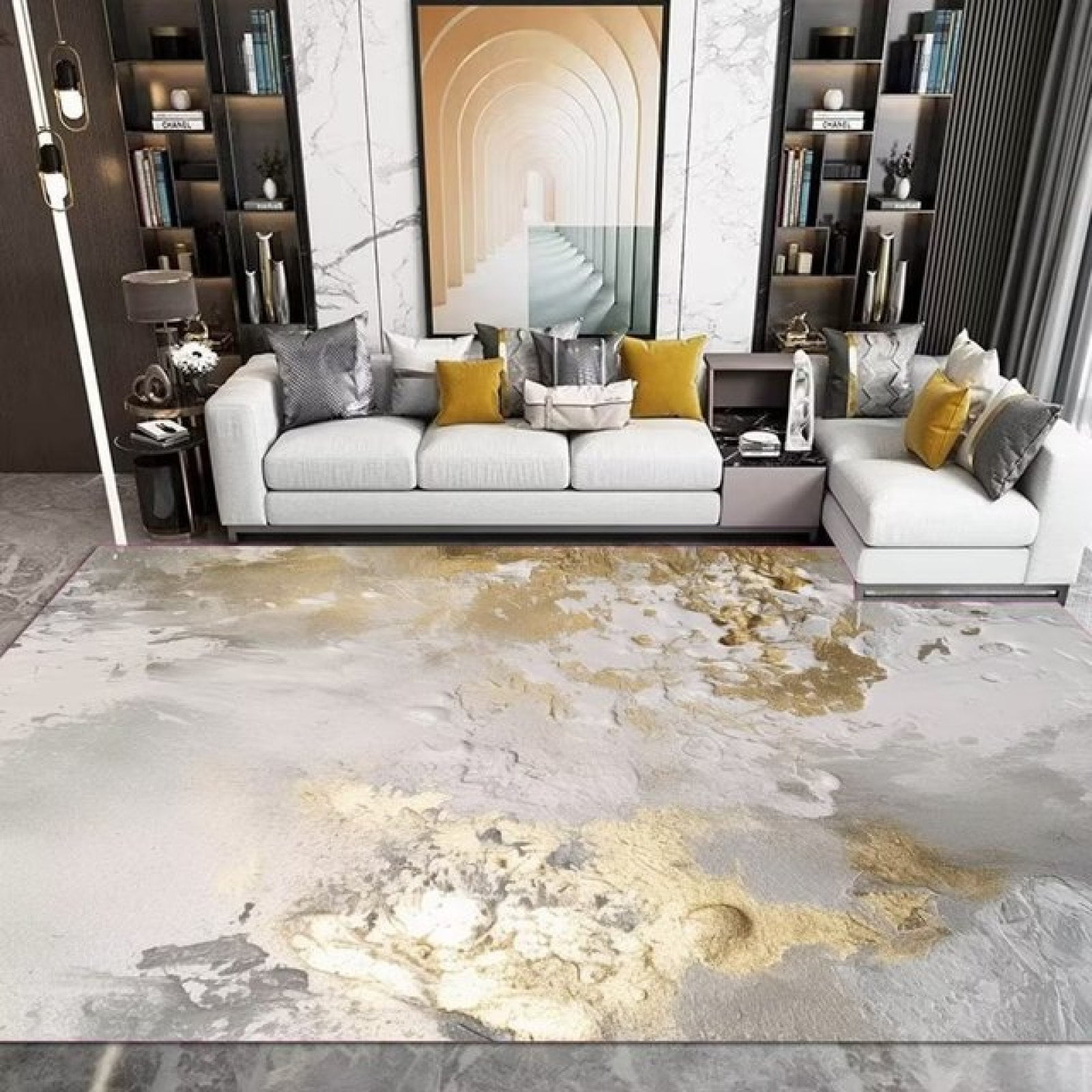 Modern Grey Gold Abstract Marble Area Rug NonShedding Floor Carpet For