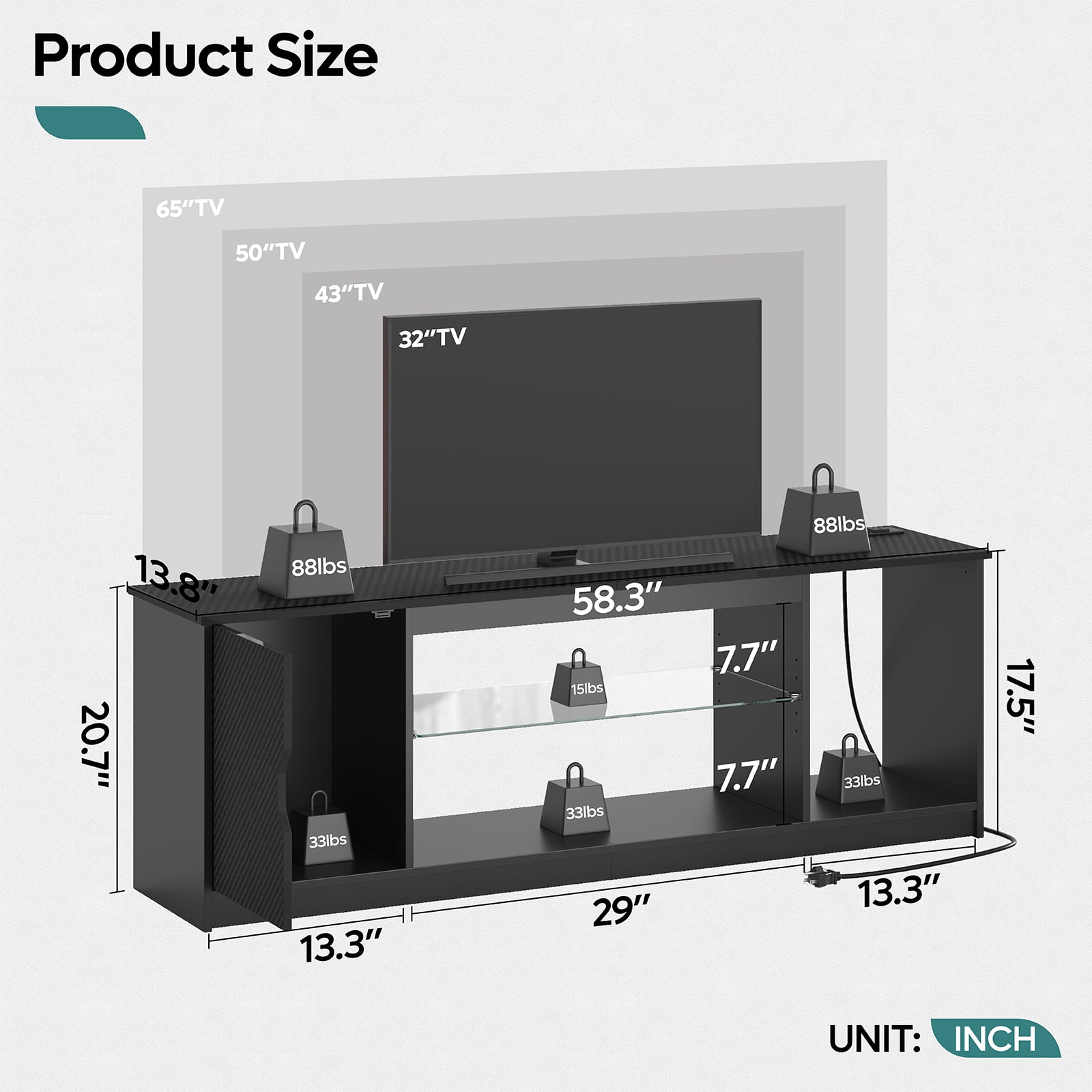 Bestier LED TV Stand for TVs up to 65", Entertainment Center with Power Outlet & Storage Cabinet, Carbon Fiber