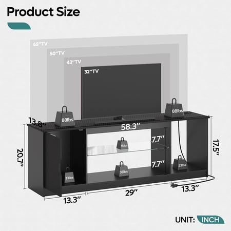 Bestier LED TV Stand for TVs up to 65", Entertainment Center with Power Outlet & Storage Cabinet, Carbon Fiber