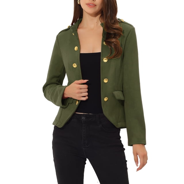INSPIRE CHIC Women's Faux Suede Open Front Long Sleeve Button Decor Steampunk Jacket S Green