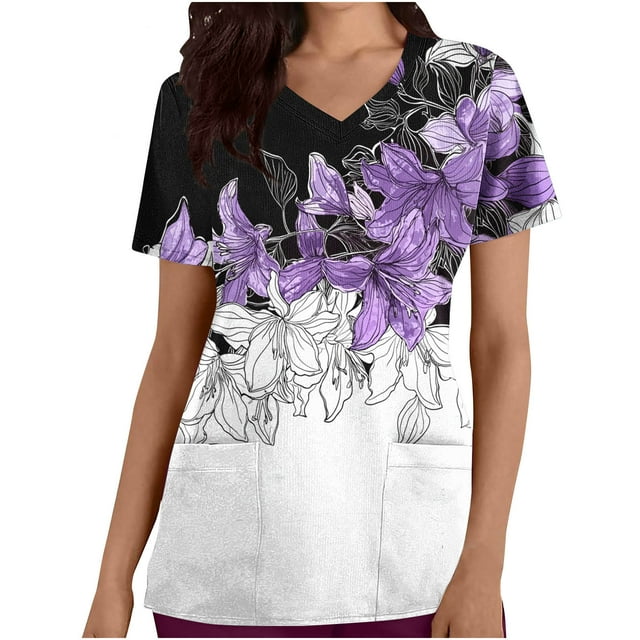 Hauts de Gommage pour Femmes Manches Courtes Uniforme de Travail avec Poche Été Imprimé Floral Col en V Extensible T-Shirts de Vacances