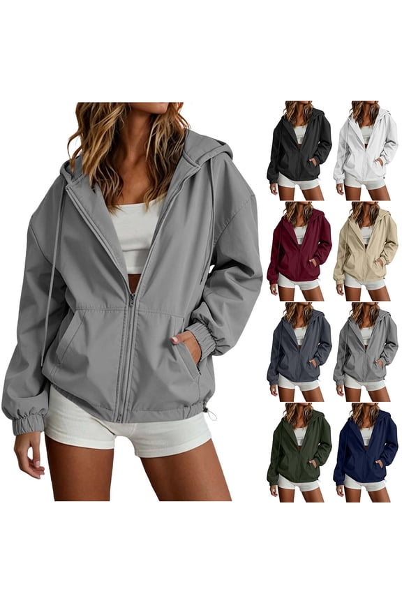 Drawstring Zip Up Hoodies for Women Solid Color Lightweight Jacket Elastic Cuffs Adjustable Hem Portable Waterproof Jackets with Pockets S2XL