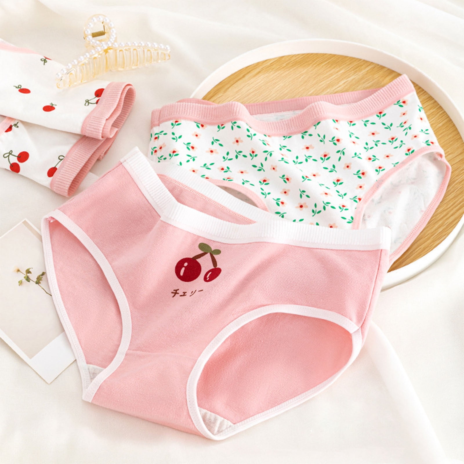 Guluxicc 5 Pack Juniors Girls Antimicrobial Cotton Brief Panties Cherry Floral Plaid Print Underwear Soft Comfortable Breathable Underwear 14-17 Years
