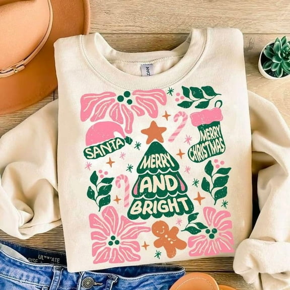 Merry and Bright Christmas Sweatshirt, Hand Drawn Holiday Tree Pullover, Candy Cane & Gingerbread Xmas Sweatshirt, Festive Holiday Vibes