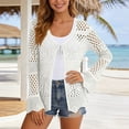 thumbnail image 2 of JIAYUE Women's Swimsuit Cover-Ups Solid Color Long Sleeve V Neck Lace Up Knit Scalloped Beach Hollow Cardigan Comfortable Swimwear Cover Up Top, 2 of 6