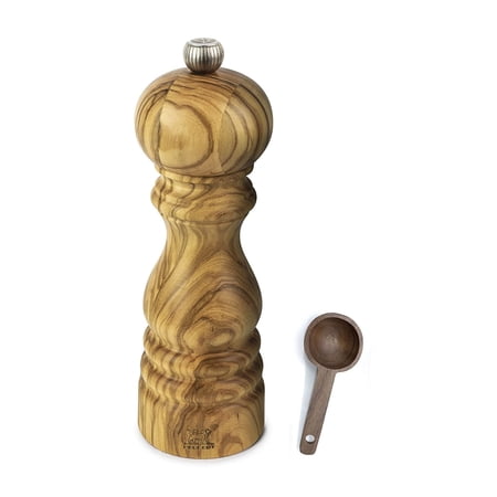 Peugeot Paris Olivier Salt Mill Gift Set Olive Wood - With Wooden Scoop (7 -Inch, Salt Mill w/Scoop)