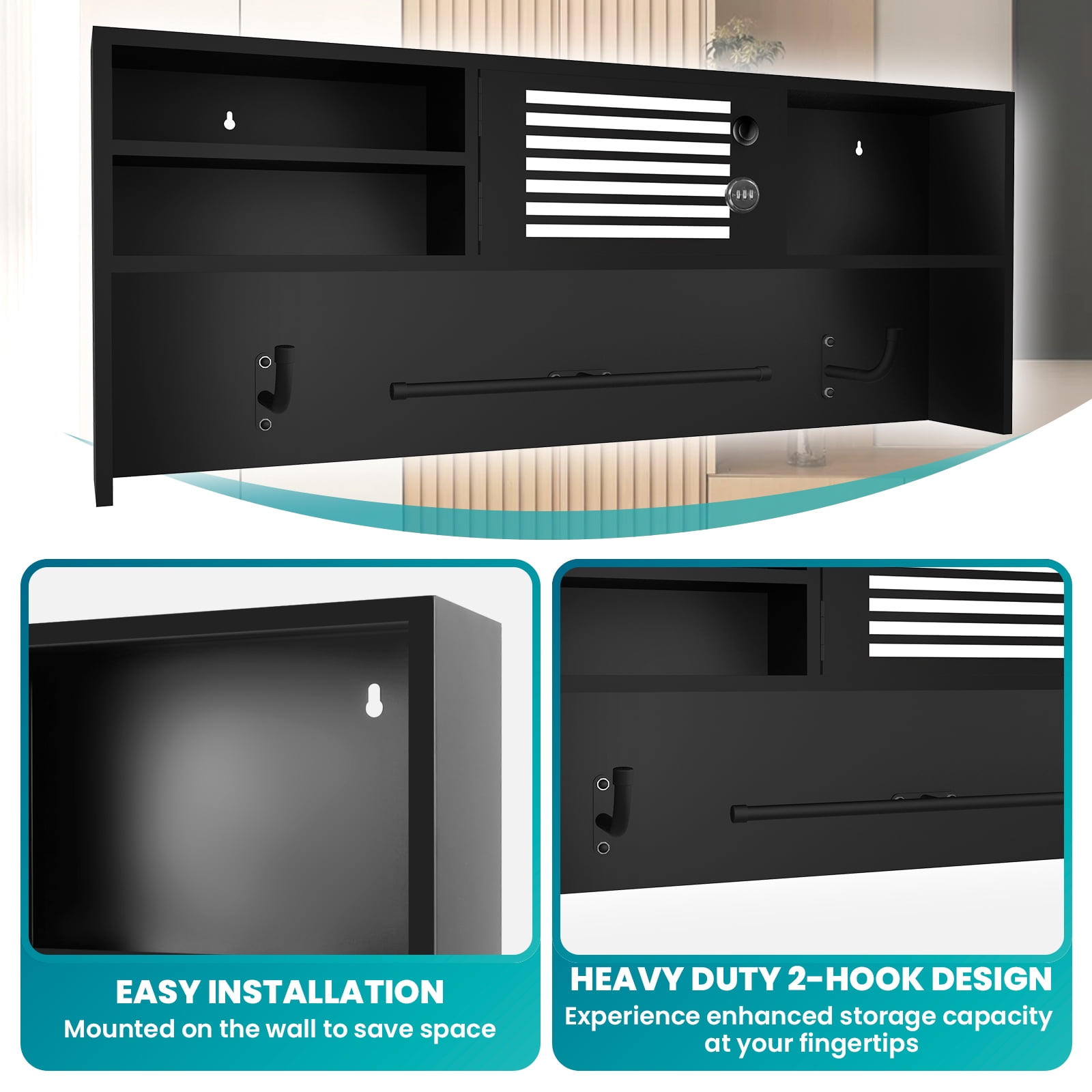 Heavy Duty Police Gear Rack Wall Mounted with Combination Lock & 3 Hooks, Tactical Duty Gear Organizer for Law Enforcement Equipment Storage