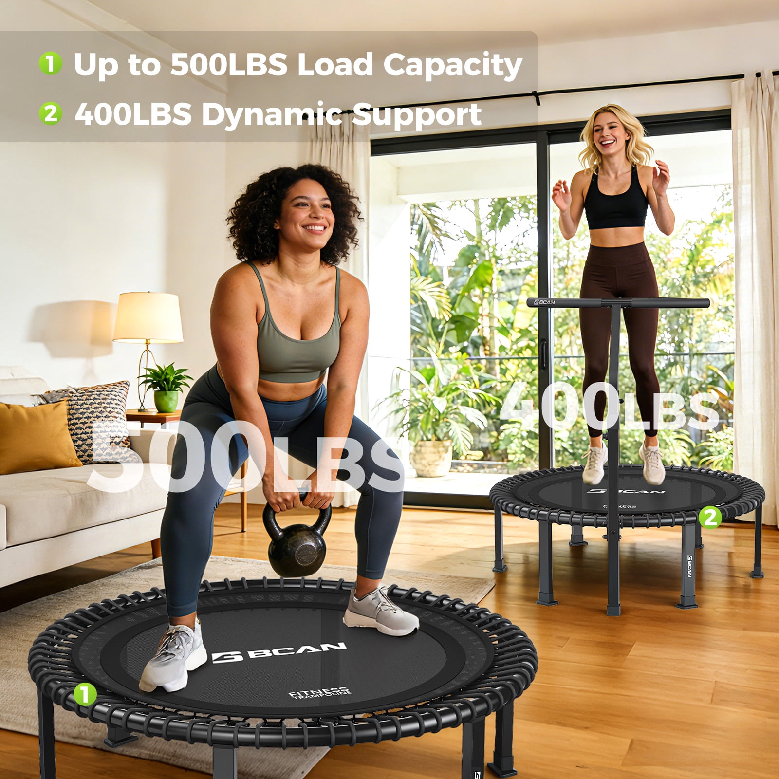 BCAN BT4 40" Soft Land Pro Adult Bungee Rebounder Trampoline, 500lb Capacity, Adjustable Tension Bungees, Exercise Trampoline for Adults, Phone Holder & 2 Pairs Socks| FED Fitness