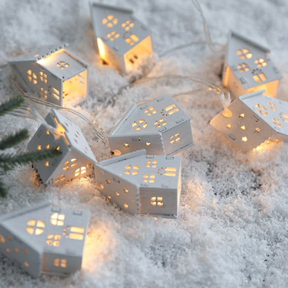 EWASWON Christmas Christmas String Lights, Wooden House LED Lights, Festive Holiday Decor, Indoor Outdoor Xmas Ornaments, White Christmas Decorations with Battery, Night Light for Party