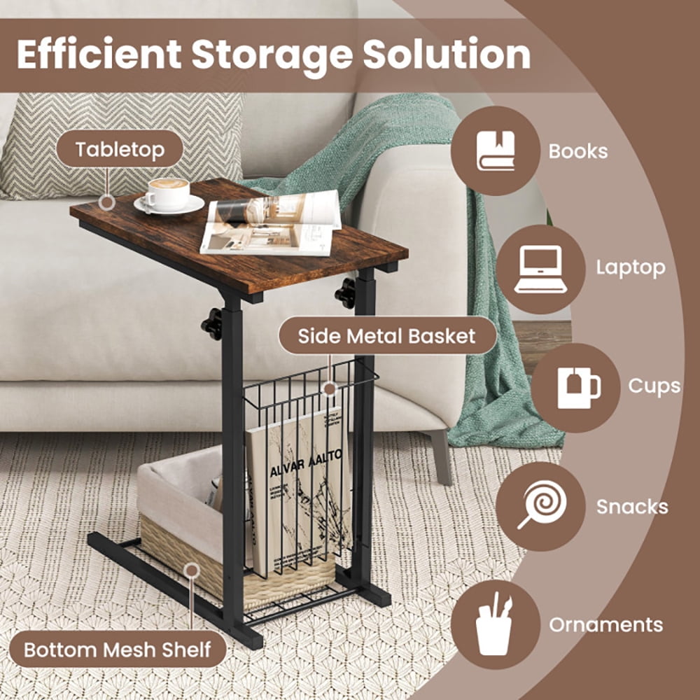 Finihen End Side Table, C-shape Sofa Side Table with Storage Basket, Sofa Side Table, Bed Side Table, for Living Room, Bedroom, Rustic Brown