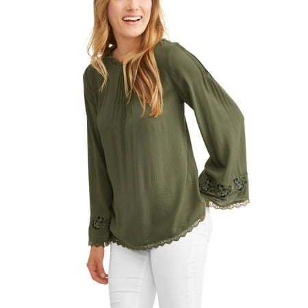 Womens Crinkle Embroidered Peasant Top