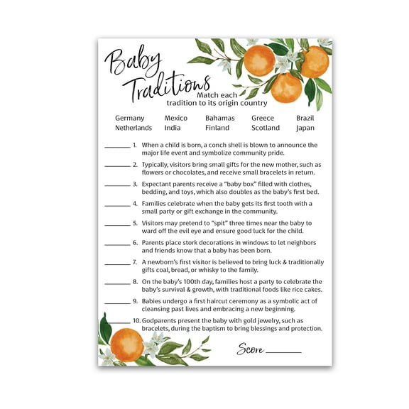 A Little Cutie Theme Baby Shower Games — BABY TRADITIONS around the World Game — Pack of 25 — Citrus Orange, Fun Baby Facts Trivia Shower Activity, Gender Neutral Couples Shower Co-ed Shower G350-BTW