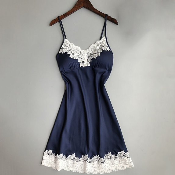 XIAONU Womens Satin Lace Trim Chemise Loose Fit Sleeveless V Neck Nightgown Soft Elegant Sleep Nightdresses