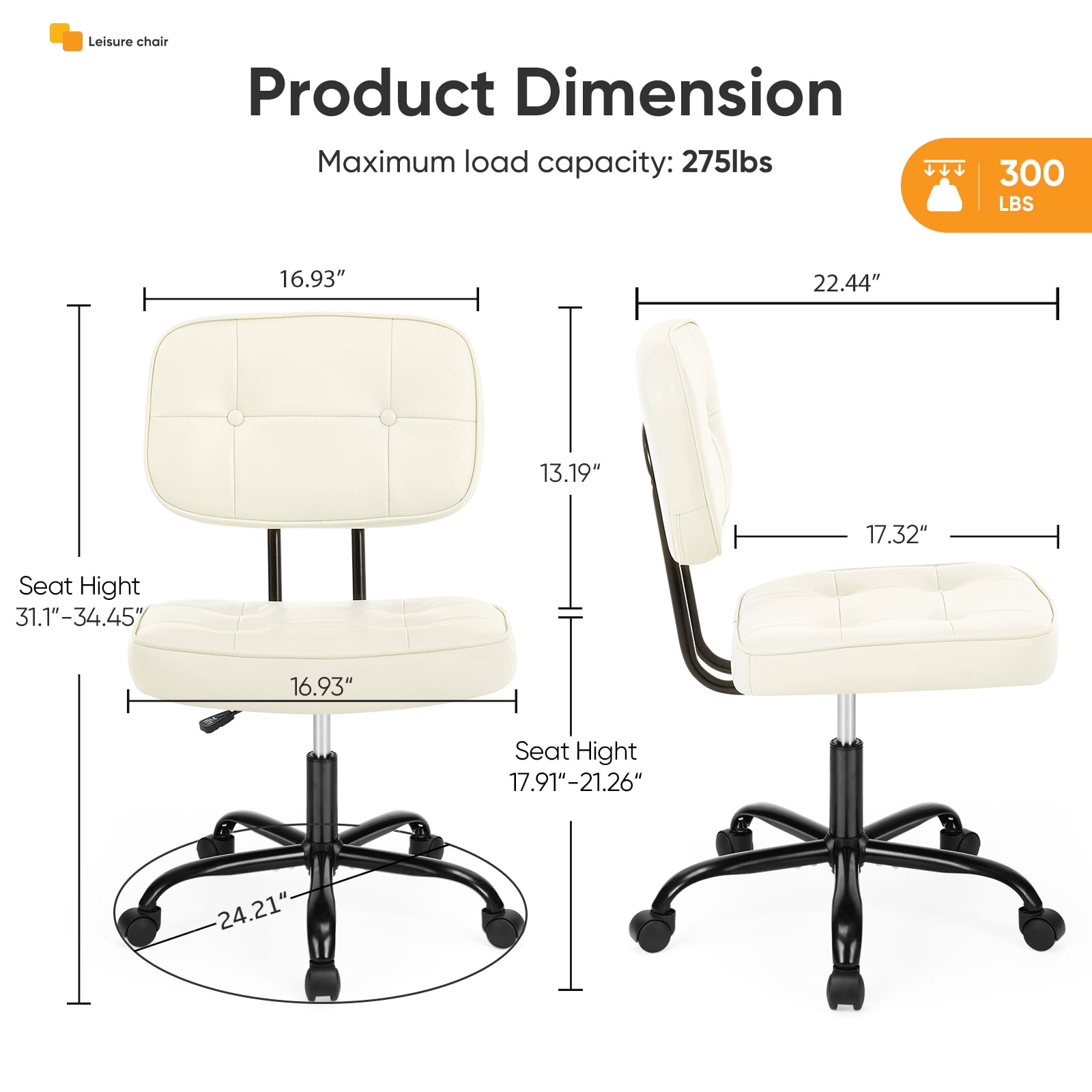 Gianna Ergonomic PU Leather Desk Chair, Armless Rolling Chair with Thickened Cushion for Small Spaces