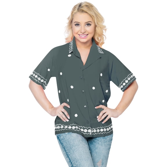 HAPPY BAY Women's Collared Blouse Tops Easy Care Shirt S plus-size Grey_X465