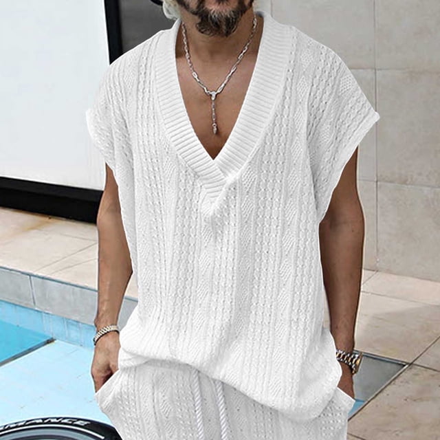 pstuiky Camiseta sin mangas para hombre, Suéter de punto calado de verano para hombre, sin mangas, ajustado, con cuello de punto, camiseta sin mangas Tops elegantes para mujer m