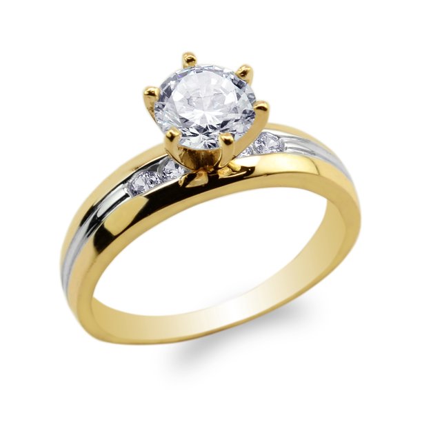 JamesJenny Womens 14K Yellow Gold Two Tone Lines Round CZ Solitaire