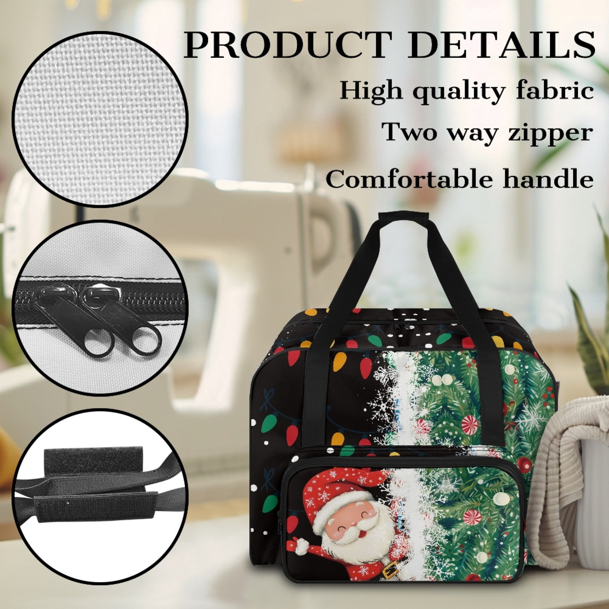 ZIATUBLE Christmas Santa Claus Portable Cover Tote Bag Snowflakes Sewing Machine Totes and Bags with 4 Bottom Rubber Pads Sewing Machine Cabinets and Storage Organizer for Travel