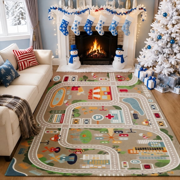 Gelasgo City Road Map Velvet Area Rug, Urban Street Layout Decorative Carpet, Colorful Indoor Floor Mat for Kids Room Playroom Bedroom Nursery Game Room Decor