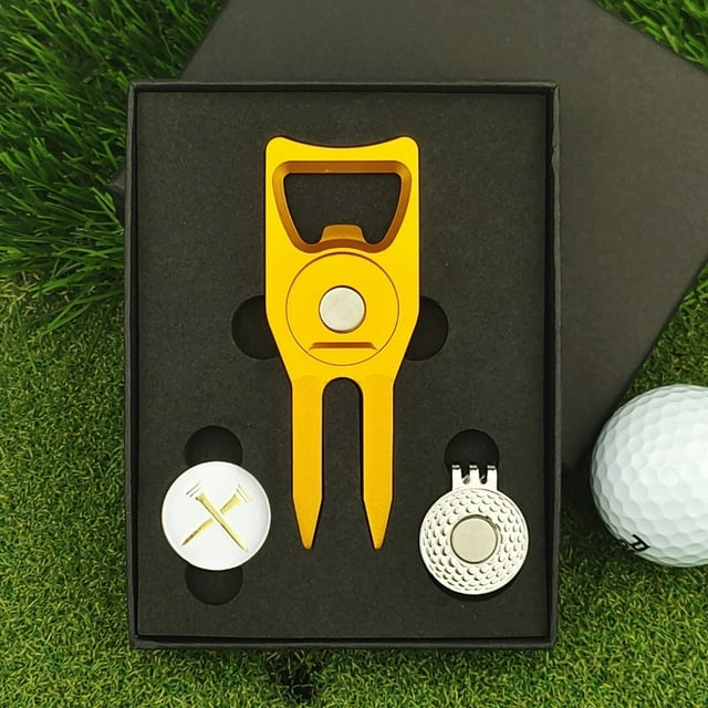 New Golf Gift Set Green Fork Aluminum Alloy CNC Anodized Ball Marker Divot Tool Repairer with Gift Box Burgundy