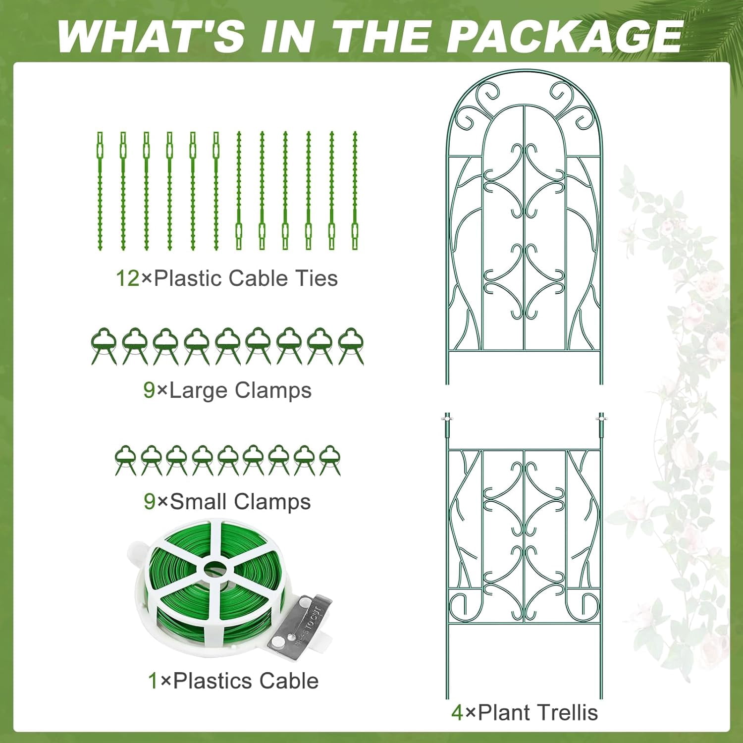 FICISOG 4 Pack 59x16in Metal Garden Trellis for Climbing Plants,Green Large Trellis for Climbing Plants Outdoor, Roses, Vegetables Vines Flowers Support, Large Decorative Outdoor Trellis