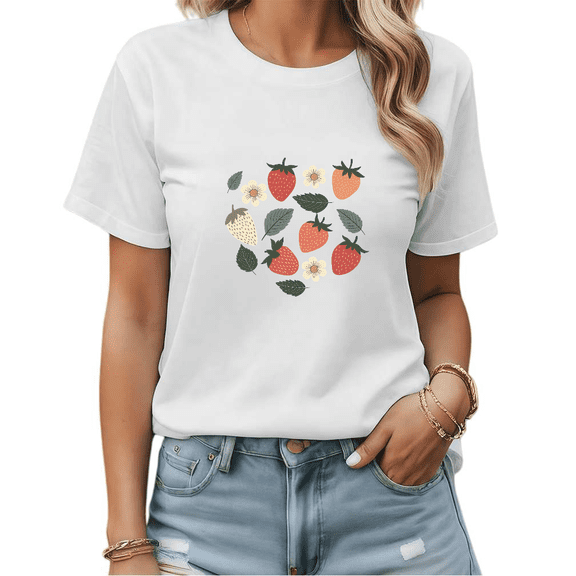 White Print T shirt Graphic Tees Multicolor Strawberry Pattern Spring Picnic Outfit Shirts S-5XL Tops