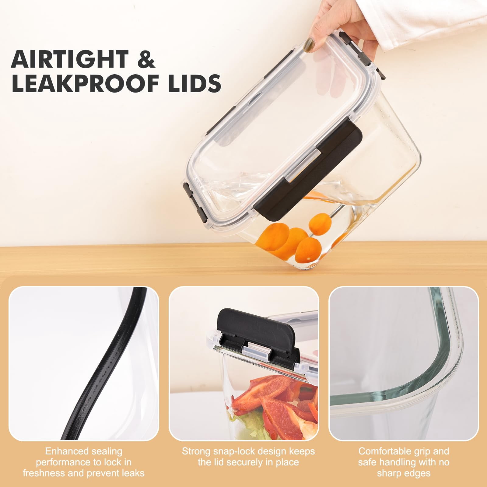 Glass Food Storage Containers with Lids – Airtight Meal Prep Containers, Leak-Proof Locking Bento Boxes for Microwave, Oven, Freezer, Dishwasher, BPA Free
