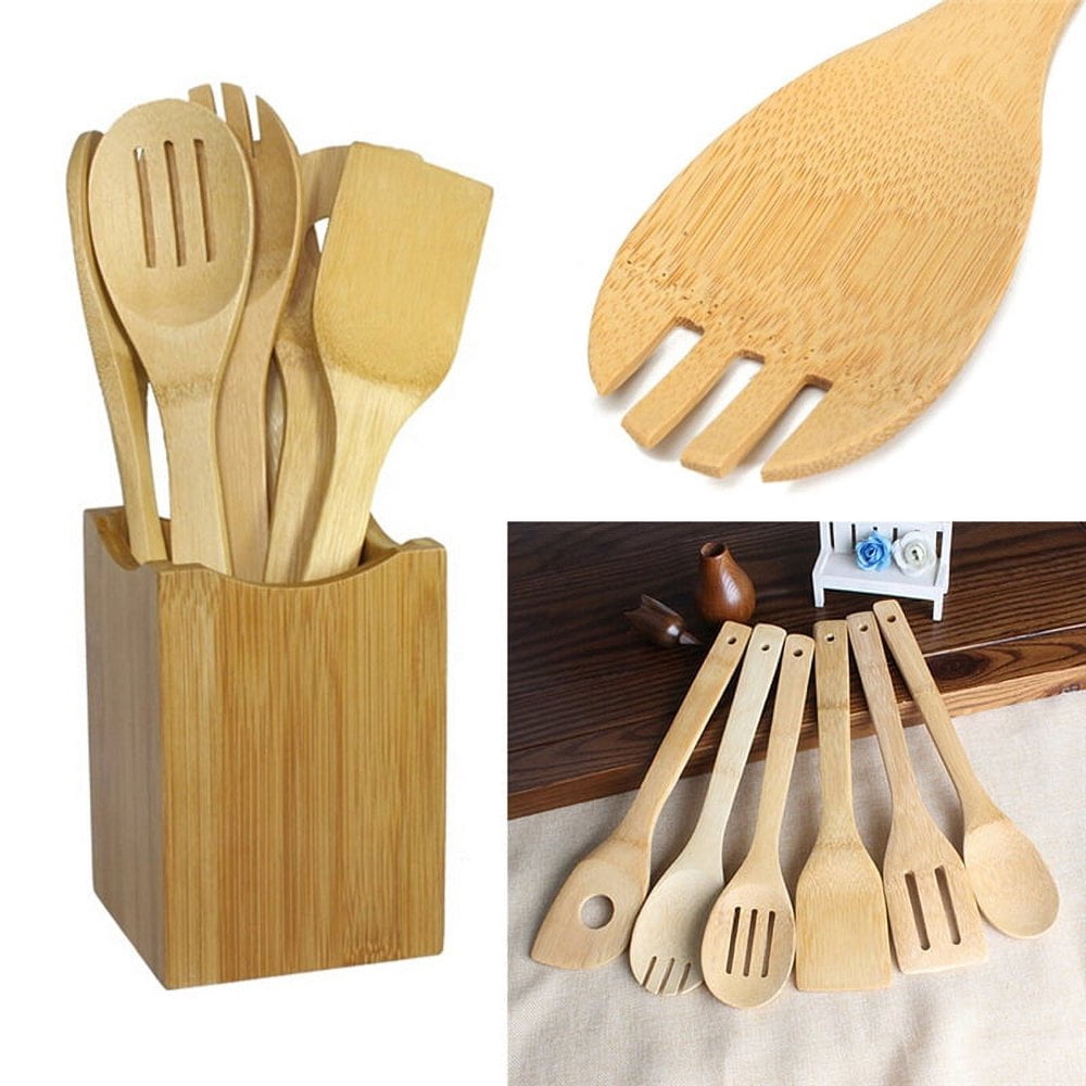 Set 6 ustensiles cuisine en bambou - cuillere spatule ecumoire racloire pour cuisson - naturel - Maison